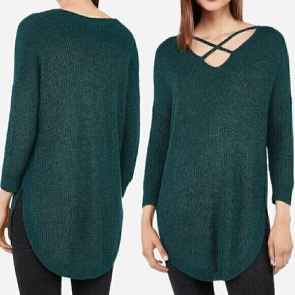 EXPRESS Strappy Circle Hem Tunic Sweater Solid Teal Green Blue 3/4 Sleeve Winter - Picture 1 of 15